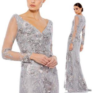 MAC DUGGAL EMBELLISHED V NECK ILLUSION LONG SLEEVE GOWN #67539
